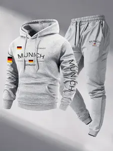 Men's Munich Germany Lettering Sweatsuit Set, Oversized Hooded Sweater & Matching Pants, Loose Fit Winter Tracksuit for Fall & Winter