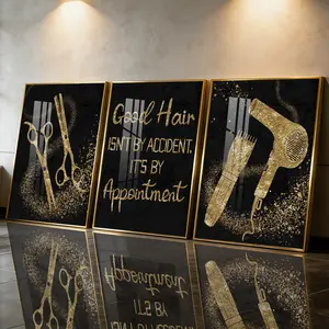 3Pcs Aluminum Alloy Framed Painting, Hair Salon Gold Glitter Tools Quote Picture, Home Decoration For Living Room, Bedroom, Office, Restaurant, Hallway Wall Decor, Odorless Print Artwork, Luxury Perfect Gift For Friends And Family