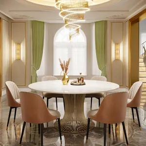 Tribesigns Luxury Sintered Stone Dining Table for 6-8, White with Golden Stainless Steel Pedestal, Ideal for Dining Room and Living Room