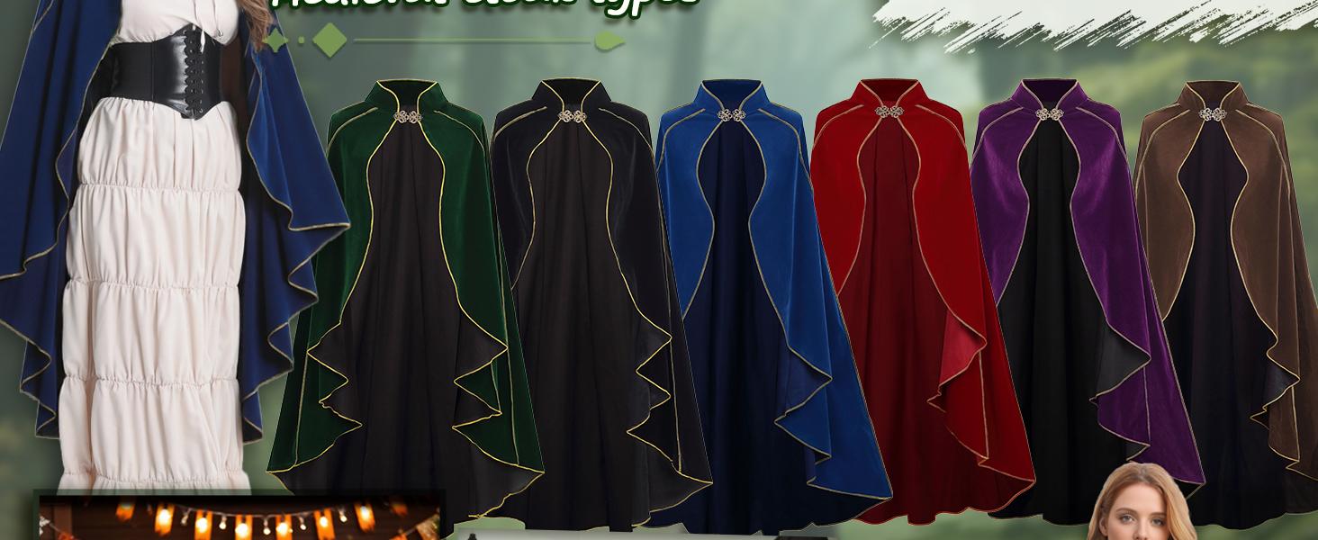 Women's Medieval Cloak Stand Collar Deluxe Velvet Gold Trim Renaissance Cape for Adult