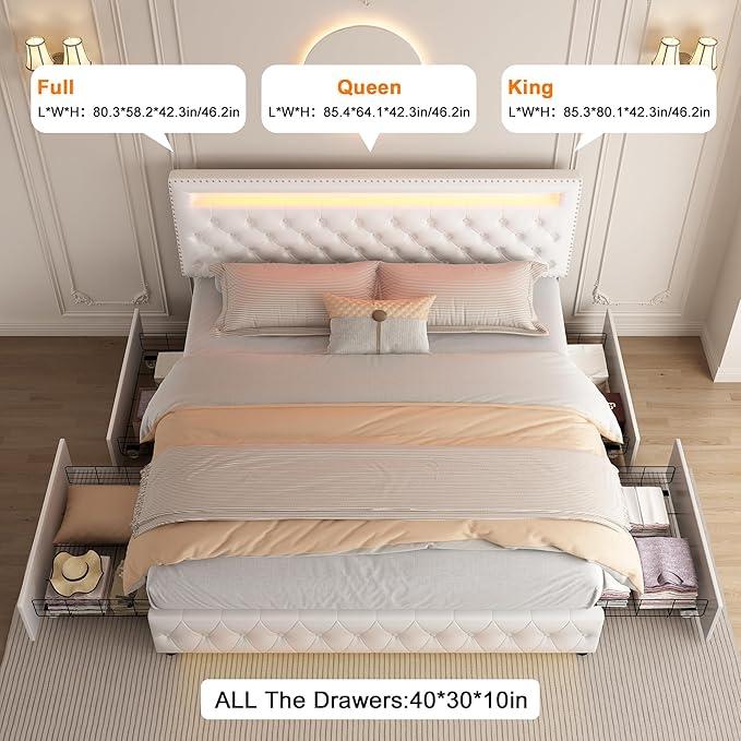 GEGOFORU Queen LED Storage Bed Frame with 4 Drawers, Smart RGBW Lights in Headboard & Footboard, App & Remote Control, Quiet Upholstered Platform Bed, Off-White PU / Velvet, No Box Spring Needed