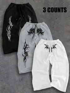 3 Piece Set Dark Thorn Totem Print Sweatpants, Men's Loose Drawstring Gym Shorts, Streetwear Fashion, Floral Pattern, Comfortable Trousers