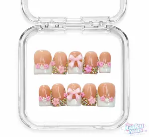 Gaku Blush Petal Handmade Press On Nails - 10-Piece Multi-Pack Short Duck Shape, 3D Flower French Tip Builder Gel, Reusable DIY Nail Art Tips, Select Sizes