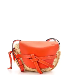 Pre-owned Loewe Leather, Raffia Shoulder Bags Gate Shoulder Bag Leather with Raffia Small by Rebag