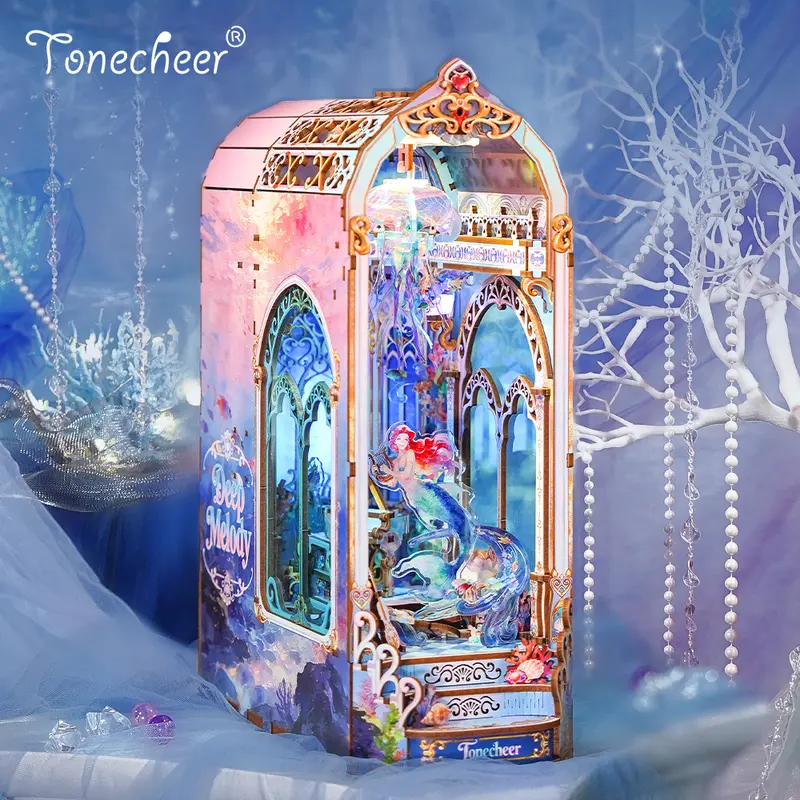TONECHEER 3D Eco Wood Puzzle - AA Battery-Powered DIY Book Nook Kit (Deep Melody) Undersea Mermaid Prince Theme, Creative Handcrafted Unisex Hobbies Kit Adults with Construction Pieces, Dual-Mode System, Built-In Music Box, Dancing Wand, Decor Toy