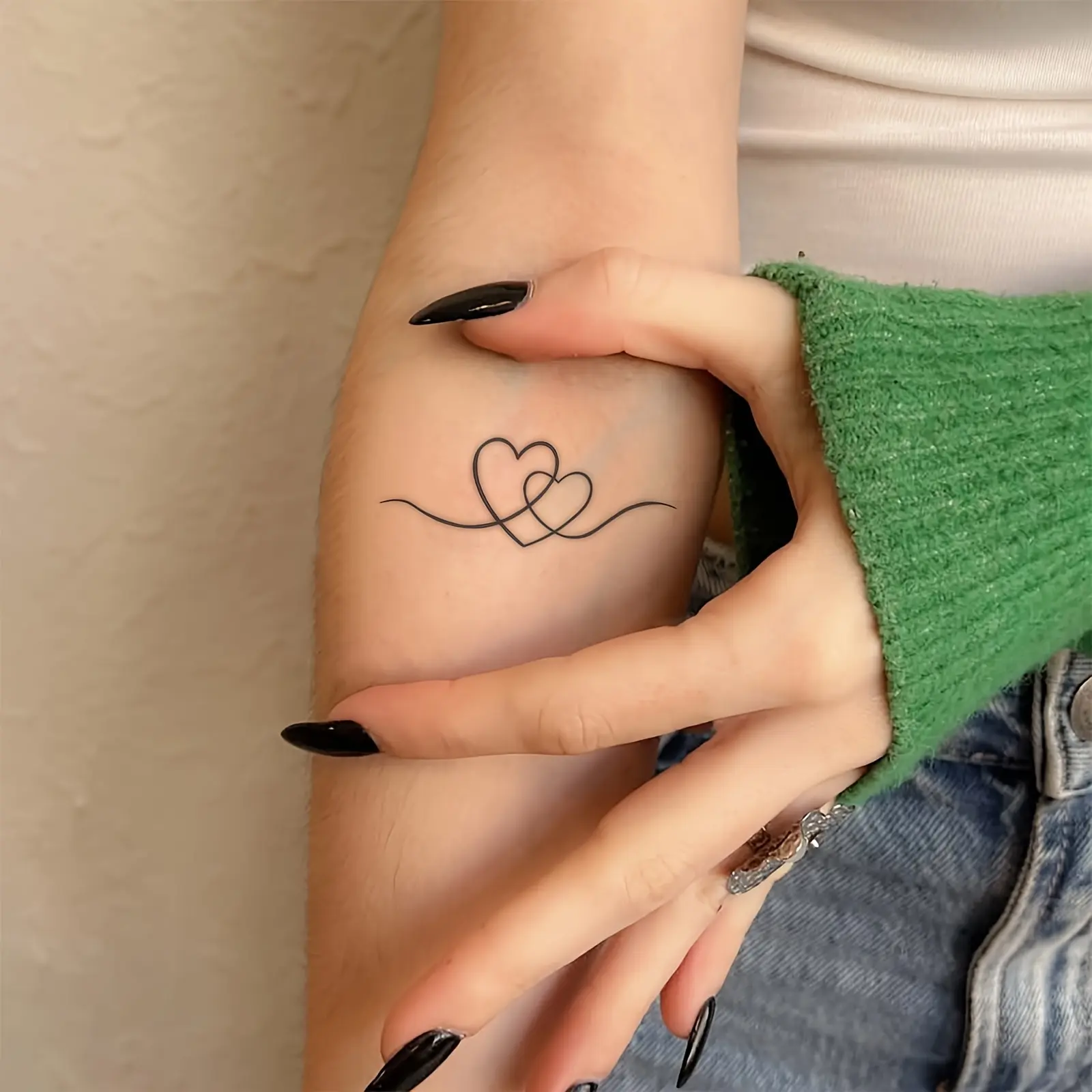 4 Sheets Double Heart Temporary Tattoos, 12 Minimalist Black Fine Line Love Body Art Stickers for Couples, Arms, Wrists, Weddings, Parties and Valentine’s Day