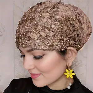 Stretchable Elegant Golden Lace Beaded Turban Hat For Women, Floral Head Wrap, Lightweight Headwear For Ramadan, Chemo, Fashion Accessory.