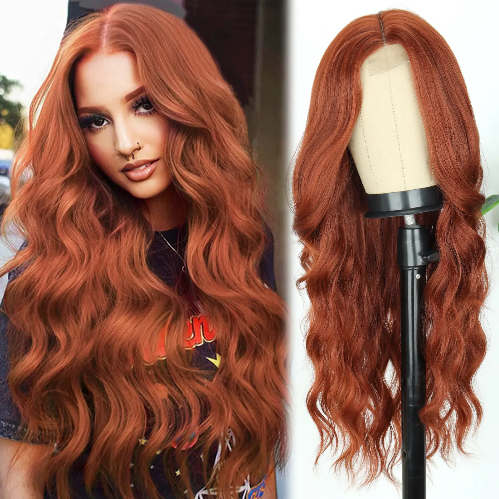 LINGHANG Women's 26in Long Copper Red Middle Part Synthetic Full Machine Wig, Wavy Curly, Natural Looking, Adjustable Straps, for Daily & Party & Halloweenlook (Auburn)
