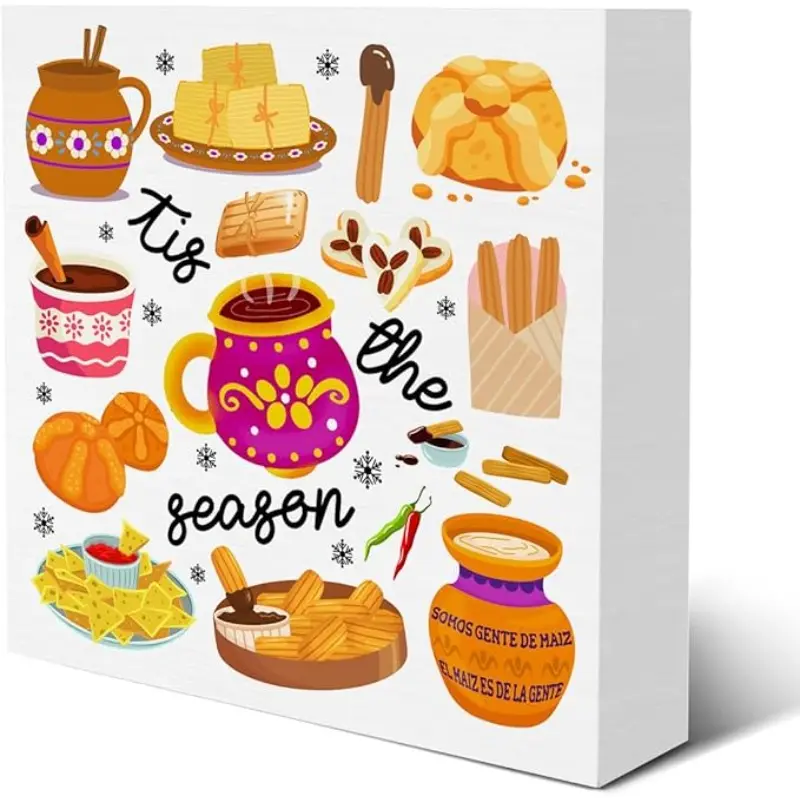 Mexican Christmas Decorations, Mexican Christmas Pan Dulce Wooden Box Sign for Winter Xmas Holiday Home Kitchen Shelf Decor, Tis the Season,5x5 inch