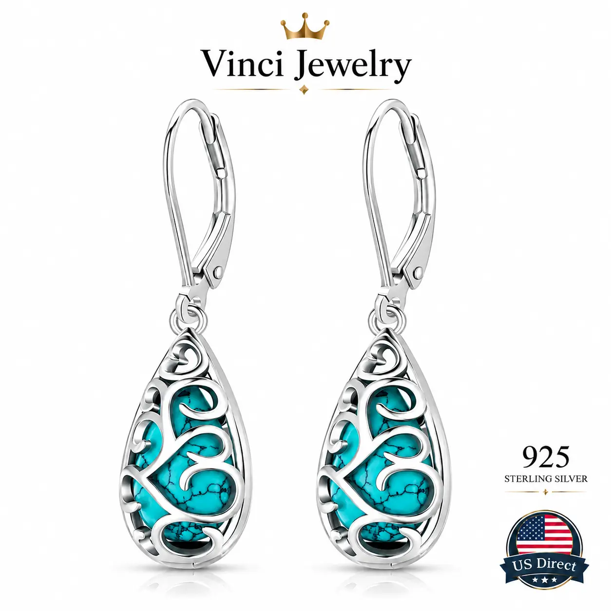 925 sterling silver Boho Western Turquoise Teardrop Dangle Earrings Vintage Ethnic Inspired Silver Tone Hollow Carving Jewelry Minimalist Rustic Chic Style Vacation Beach Festival Outfit Accessory Gift for Her Daily Wear Elegant Fashion Earrings