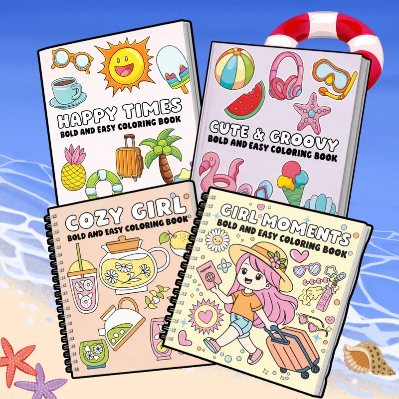 Summer Getaway 4-Book Coloring Bundle - Office Stationery Art Supplies with Bold Lines, Lifestyle Creativity Paper for Unisex Relaxation Needs