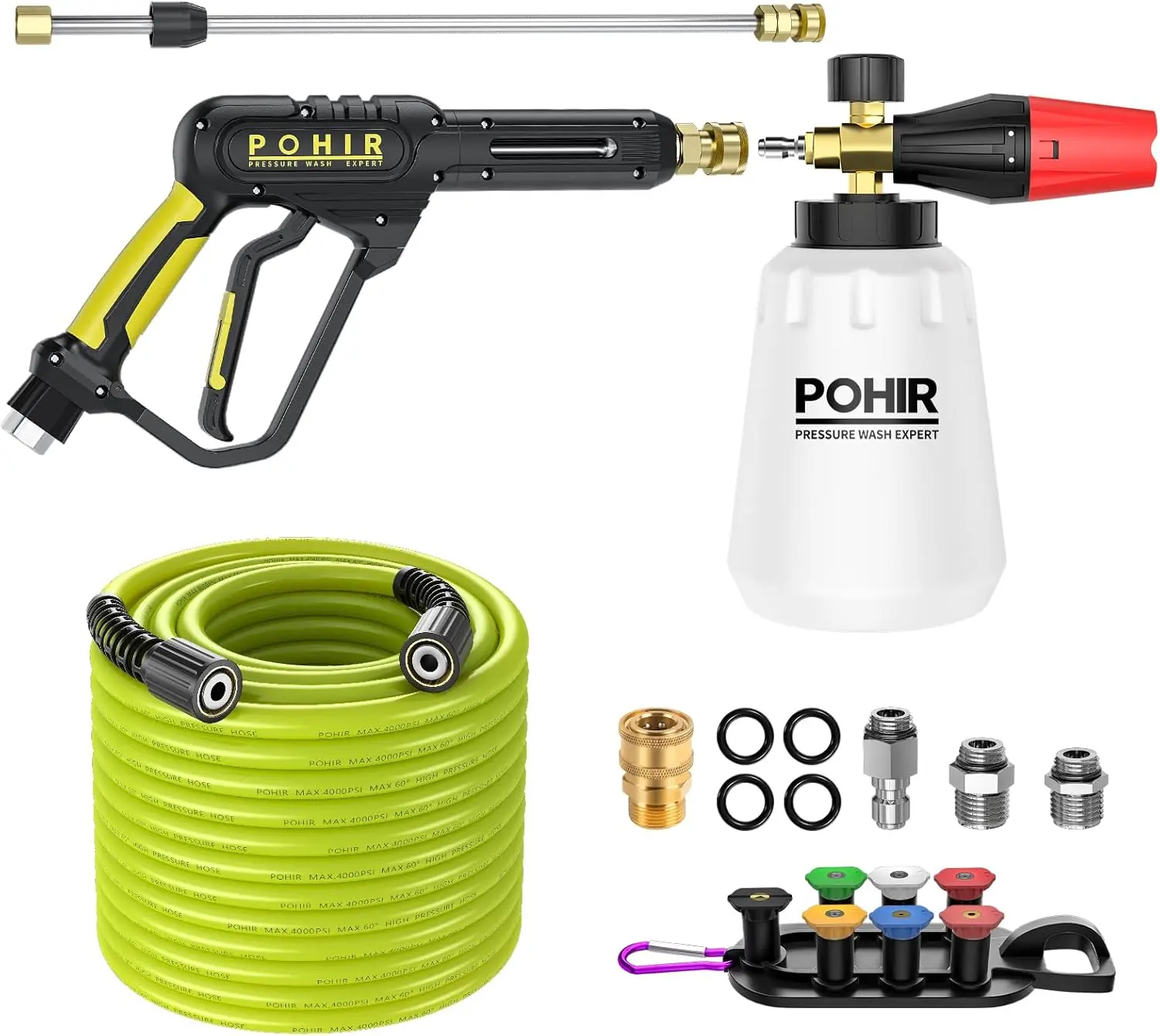POHIR Pressure Washer Gun Car Wash Set - Portable Pressure Washer Tools, 3600 PSI Max Power, 8GPM, 50ft Hose, 3/8 Quick Connect ×1, 1/4" Plug, Foam Cannon, Adjustable Brass Sprayer Nozzle Car Wash Machine Car Wash Kit
