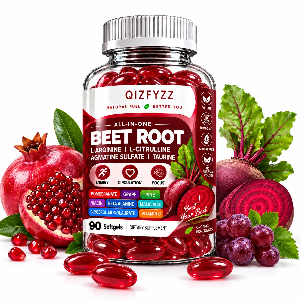 Organic Beetroot Capsules with L-Arginine, L-Citrulline & Pine Bark Extract – Nitric Oxide Support & Pre-Workout Supplement – 60 Softgels