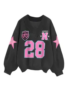 Women's Letter Print Loose-Fit V Neck Pullover Sweatshirt, Fall Fashion Casual Sweater, Comfortable Y2K Style Top