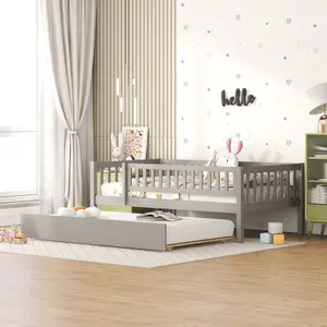 Dreamzon Twin Size Natural Wood Storage Bed with Trundle, Fence Guardrails, Walnut Finish, 79.5in L x 41.8in W x 28.3in H, Assembly Required, 300lbs Bed/Trundle Weight Capacity, Gray