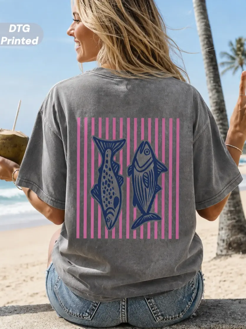 MUSEBEAU Pure Cotton Crewneck Acid Washed T‑Shirt DTG Printed Retro Acid Wash Pink Striped Dual‑Side Fish Loose-Fit Vintage Graphic Printed Unisex Fashion Tees Baggy Streetwear Casual Top Short-Sleeve Womenswear Top,Menswear,Gym,Summer Outfit,All Seasons
