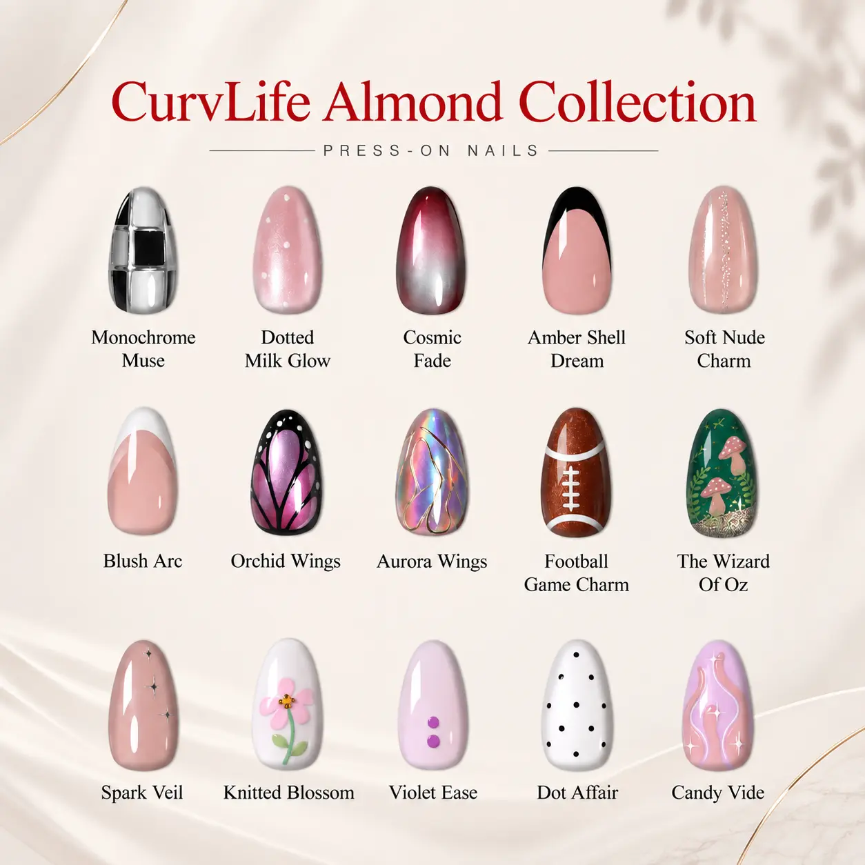 CurvLife Medium Almond Collection Press-On Nails, 15 Chic Medium Almond Styles in Pink Nude Chrome Cat Eye French Glitter Designs, Glossy Reusable Full Cover Fake Nails for Everyday and Party Looks