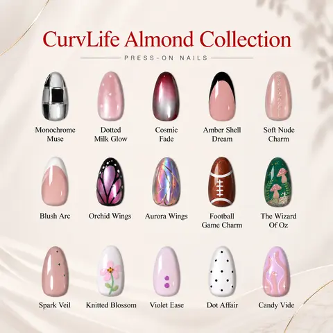 CurvLife Medium Almond Collection Press-On Nails, 15 Chic Medium Almond Styles in Pink Nude Chrome Cat Eye French Glitter Designs, Glossy Reusable Full Cover Fake Nails for Everyday and Party Looks