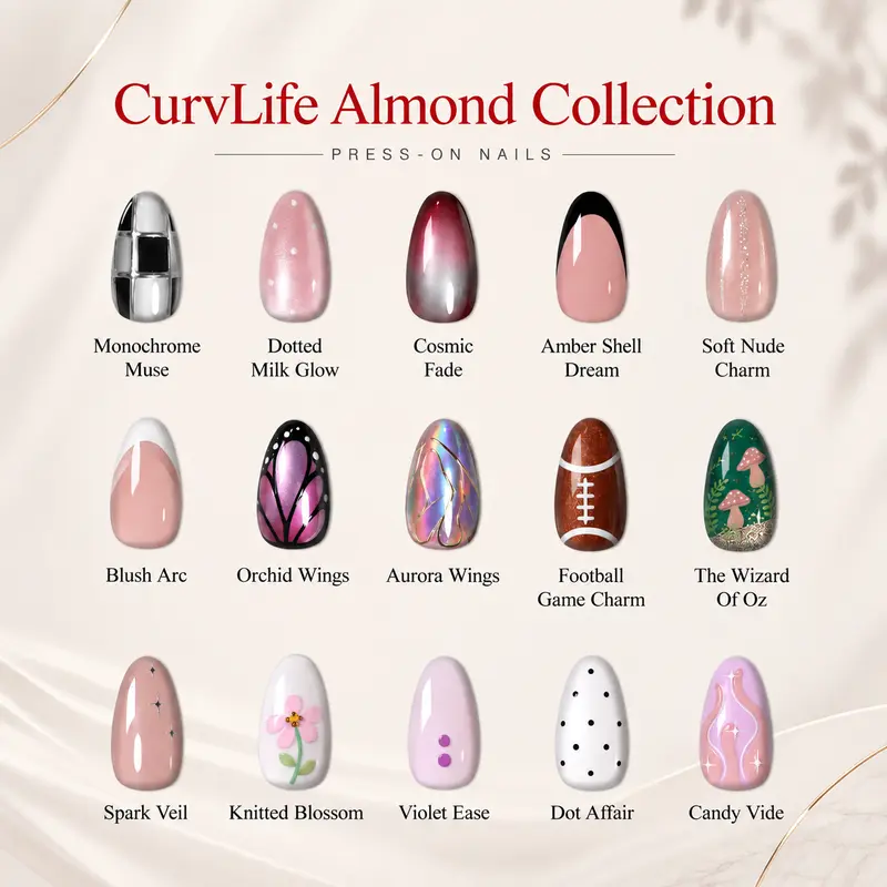 CurvLife Medium Almond Collection Press-On Nails, 15 Chic Medium Almond Styles in Pink Nude Chrome Cat Eye French Glitter Designs, Glossy Reusable Full Cover Fake Nails for Everyday and Party Looks