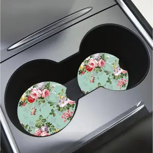 2-Pack Floral Car Coasters with Finger Notch for Easy Removal, EVA Material, Fits Standard Vehicle Cup Holders