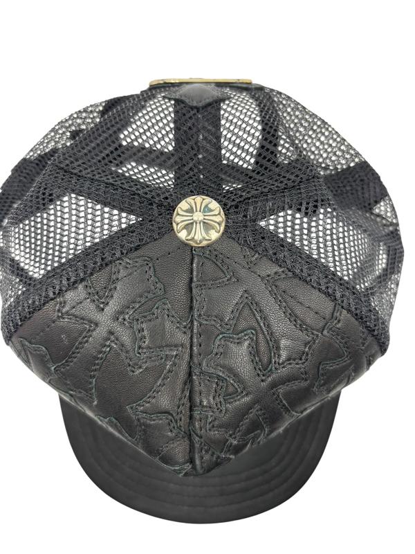 Chrome Hearts Cemetary Cross Leather Stitched Trucker Hat Black