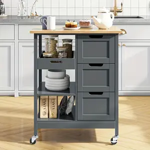 Sablyme 3-Tier Kitchen Island Cart with Storage, Large Tabletop, Rolling Kitchen Cart with Open Bookshelf and Drawers, for Kitchen Dining Room, Modern Style, Gray