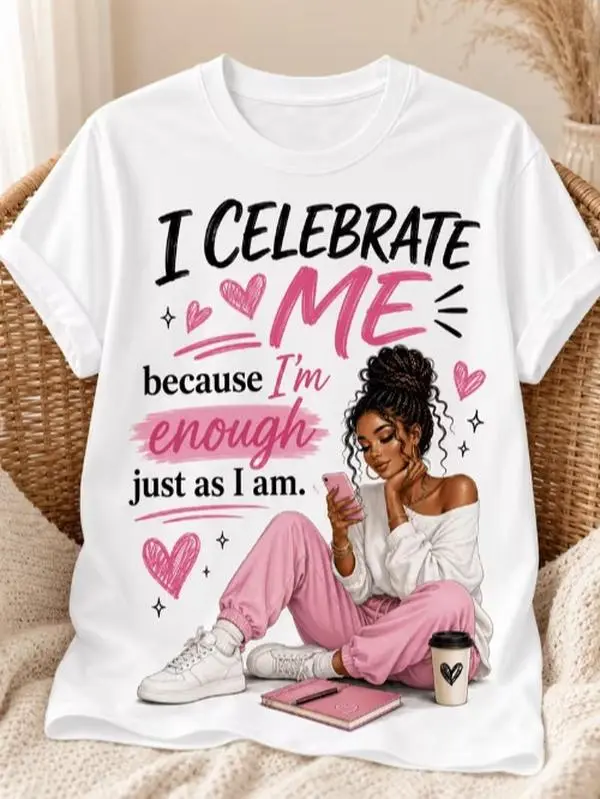 Women'S I Celebrate Me Because I Was Made to Shine Melanin Queen Self-Love Graphic Tee, Positive Affirmation Women'S Casual Shirt, 180G Crew Neck White Short Sleeve Tee, Soft Washable Top S-3XL for Daily Outfits