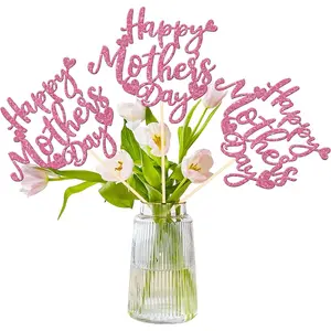 12 PCS Double Sided Glitter Happy Mother's Day Centerpiece Sticks for Mother's Day Theme Table Flower Decorations Birthday Party Supplies Pink