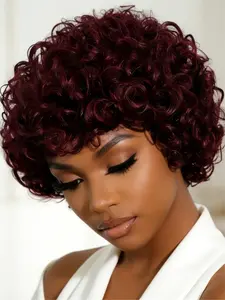 Loose Curly Human Hair Wigs for Women, 6 Inch Short Pixie Afro Kinky Curly Wig with Bangs, Natural Look, Easy Maintenance, Pixie Cut Wigs