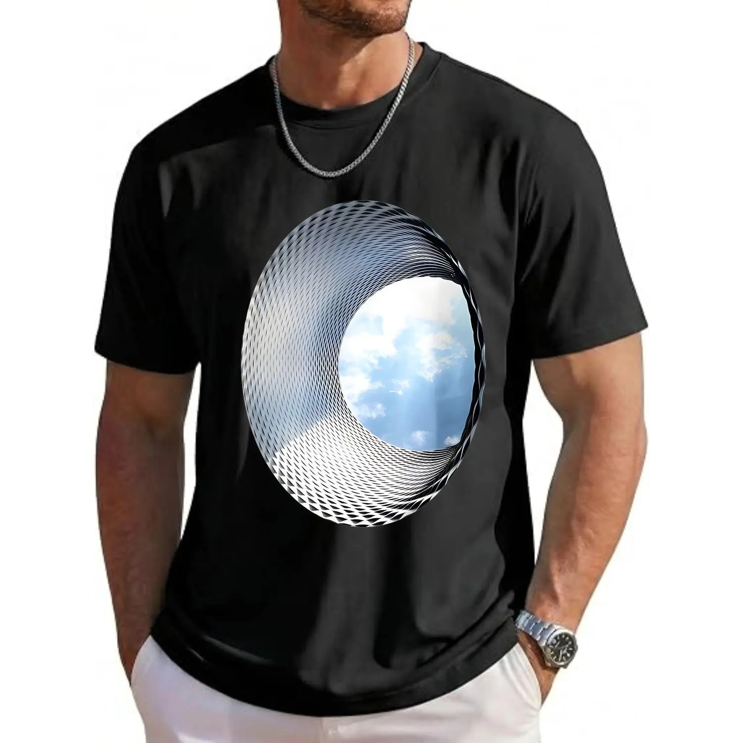 Tunnel Vision Sky Illusion Graphic Men's T-shirts With Depth Perspective Artistic Visual Design Casual Tee