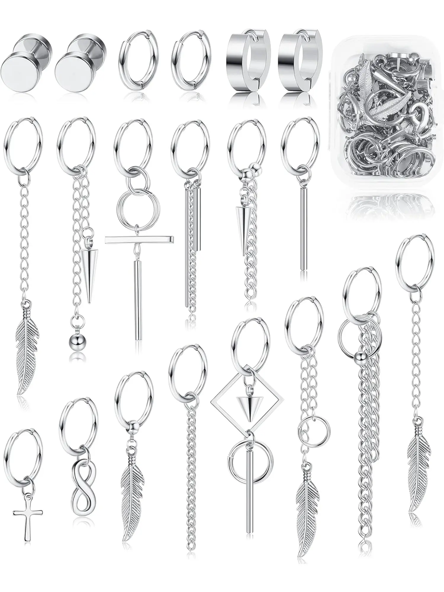 Diverse 20 Pcs Silvery Cool Hoop Men's Earrings Stylish Stainless Steel Hinged Hoop Earrings for Women Men Cross Dangle Earrings Stud Earring Sets Long Chain Kpop Earrings Set Statement Earrings Earrings Jewelry Ear Hoops