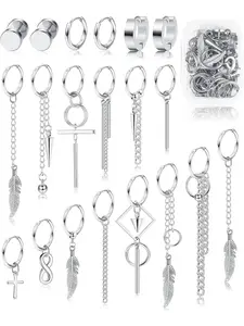 Diverse 20 Pcs Silvery Cool Hoop Men's Earrings Stylish Stainless Steel Hinged Hoop Earrings for Women Men Cross Dangle Earrings Stud Long Chain Kpop Earrings Set Statement Earrings