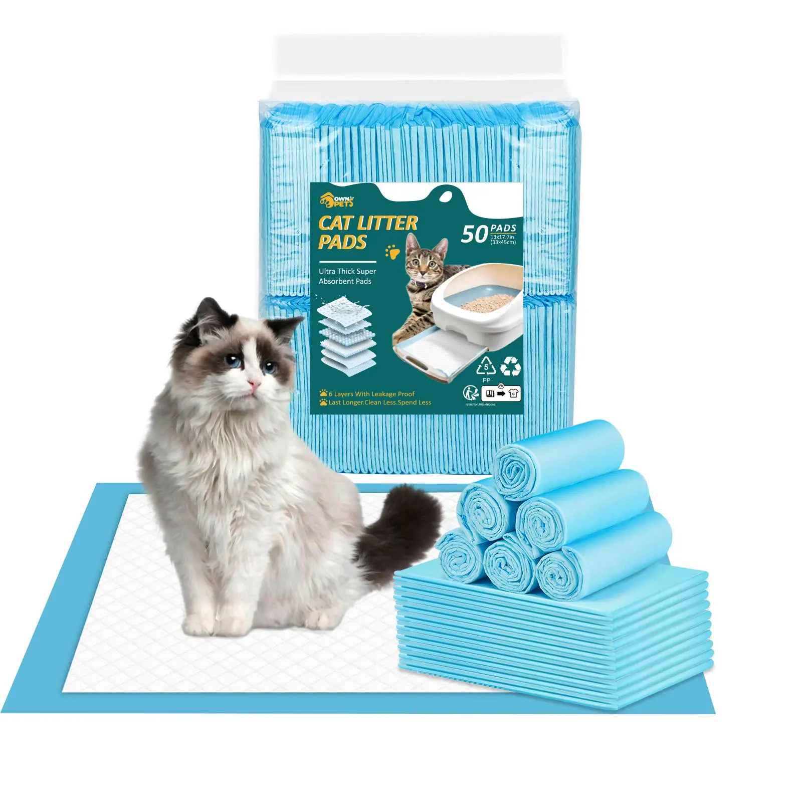 50-Piece Disposable Cat Litter Mat Bulk Pack, 6-Layer Leak-Proof Design with Polymer Cotton, Non-Woven Fabric & PE Film, Super Absorbent (Absorbs Urine), Ultra-Thick 20g/Mat, 17.7x13in Pet Litter Accessory for Easy Cleanup