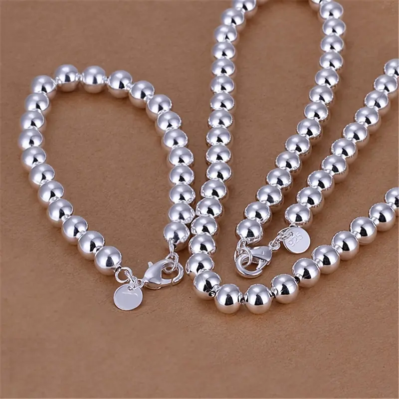 Men's & Women's 925 Sterling Silver 2-Piece Uniform Beads Jewelry Set - Hypoallergenic Bracelet & Necklace Set Combo - Couple Gift - Suitable for Daily/Party Wear