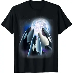Casual Cotton shortsleeve tees 3 Orcas Howling at The Moon Funny Killer Whale Orca Lover T-Shirt