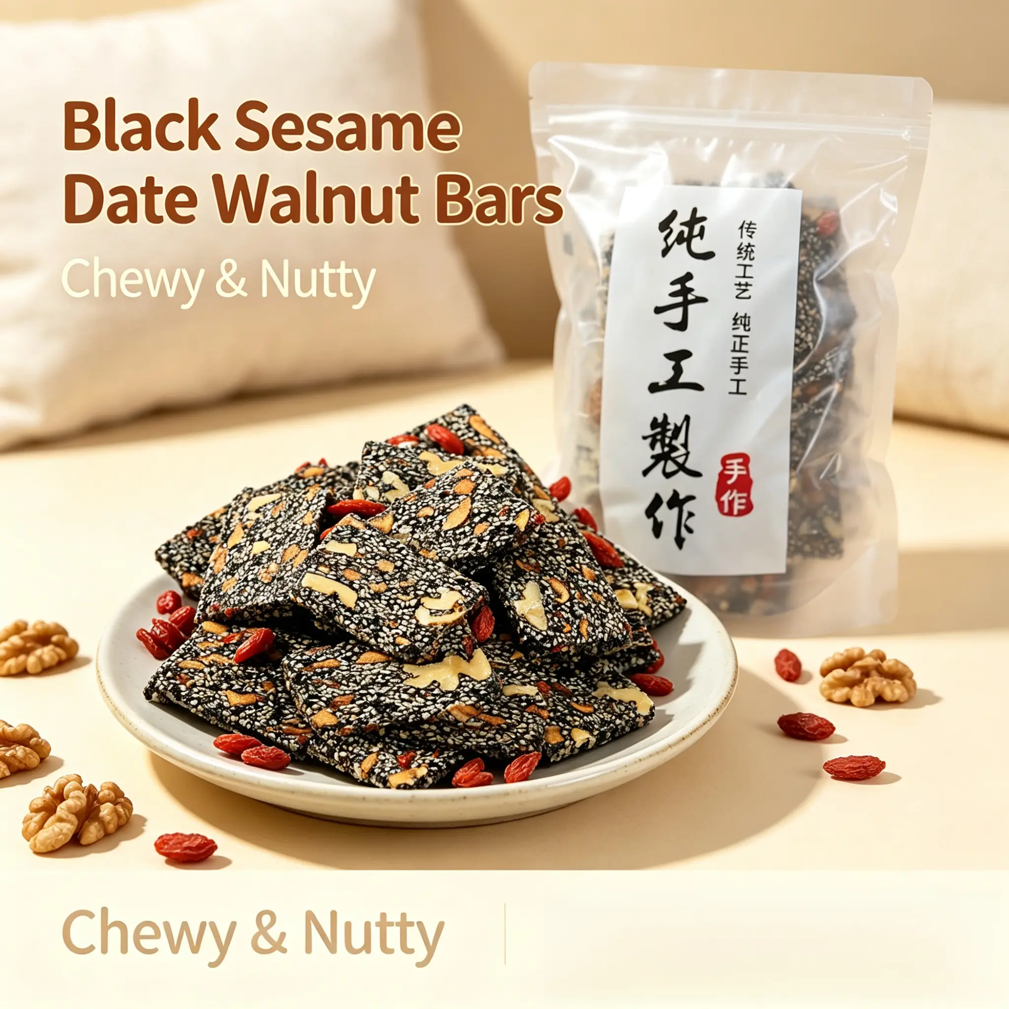 Soft and creamy black sesame, red date and walnut pie, suitable for parties, movie nights and daily consumption.