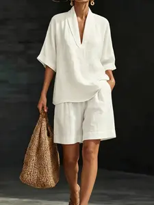 Summer Women's Linen Two-Piece Set, V-Neck Loose Half-Sleeve Top + Shorts, Casual Vacation Home Wear, Comfortable and Stylish