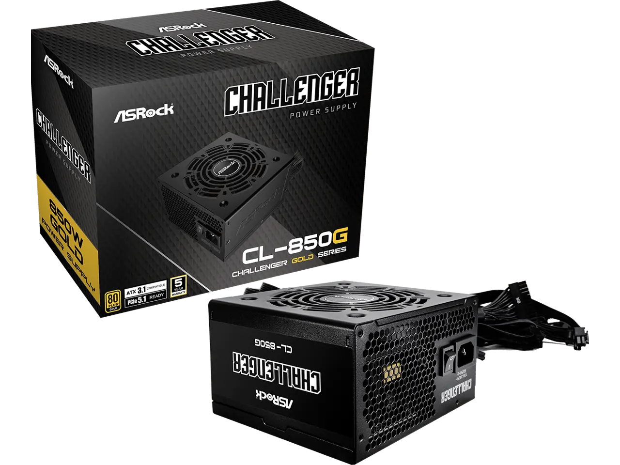 ASRock Challenger CL-850G 850W 80 PLUS GOLD Certified Non-Modular Power Supply, ATX3.1 & PCIe5.1 Ready with Dual Color 12V-2x6 Cable, 5 Years Warranty