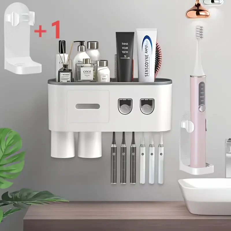 ABS BHeadCat Wall-Mounted Toothbrush Holder with Silicon Elastic Toothpaste Dispenser, 6 Slots, 2 Magnetic Cups, 1 Drawer Organizer, 1 Large Storage Tray - Detachable for Easier Cleaning, Dries Fast Upside, Bathroom Home Supply for Parents, Elastic Toothp