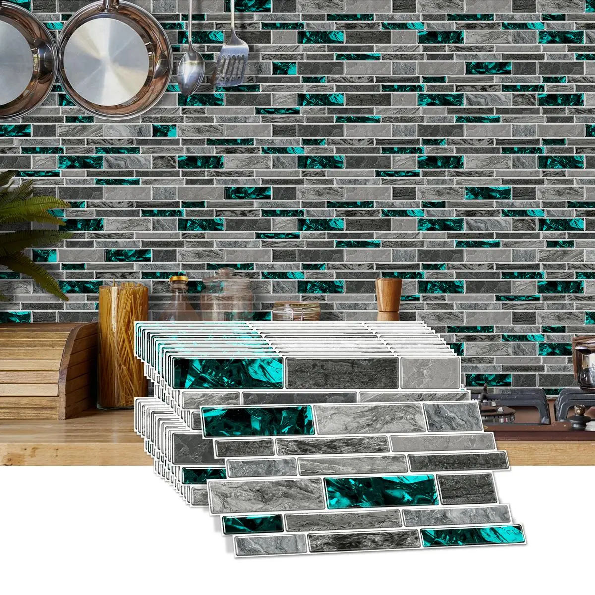 Mosaic Self-adhesive Tile Sticker, 12/24/48pcs Striped Marble Vinyl Bathroom Kitchen Home Decor Wall Stickers, DIY Seamless Splicing Sticker, Kitchen Bathroom Decoration