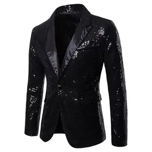 Men’s single-button sequin dress, suit jacket, black formal pocket, fashionable single-breasted round-neck men’s clothing GARMENTARY