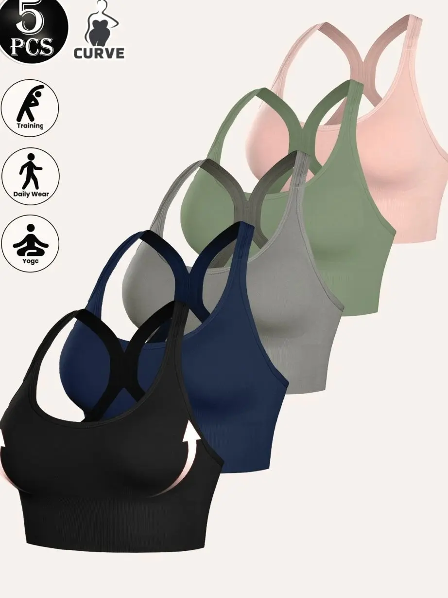 5-Pack Plus Size Women's Sports Bras, Removable Pads, Cross Back Wireless Support Bra, Soft Stretch Workout Bra for Yoga, Gym & Everyday Wear