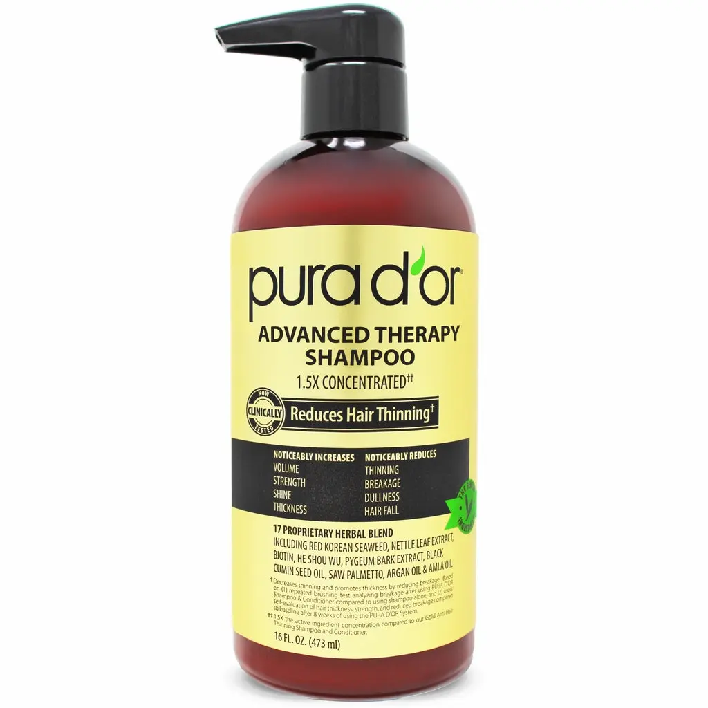 PURA D’OR Advanced Therapy Biotin Shampoo 16oz (473ml) – 1.5X Concentrated Reducing Hair Thinning with Biotin, Red Korean Seaweed, Saw Palmetto & Aloe Vera