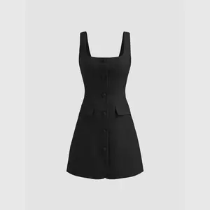 Cider [2 colors, size 0-26] Tweed Square Neck Solid Button Pocket Mini Dress