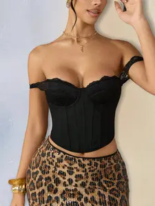 Women's Black Off-Shoulder Lace Corset Top - Feminine Scalloped Trim, Boned Structure, Back Lace-Up, Perfect for Date Nights, Club Outings & Gothic Party Looks, 26 SS Fashion