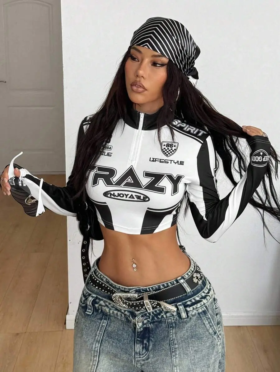 Black And White Autumn Streetwear Everyday Game Day Sportswear Stretchy Knit Graphics Quarter Zip Cropped Slim Fit Turtleneck Sleeves Tops