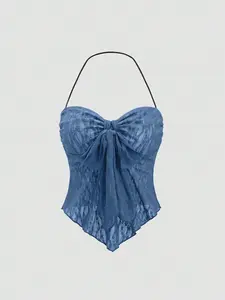 Women's Sexy Lace Halter Top with Bow Front, Boho Bohemian Sleeveless, Fitted Summer Vest, Plain Color, Moderate Fabric Thickness, Perfect for Casual Wear