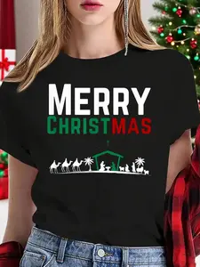 100% Cotton Women T-shirt Women Christmas T-shirt Merry Christmas Keeping Christ in Christmas Nativity T-Shirt Print Round Neck Short Sleeve T-Shirt For Women Casual, Summer, Women Top