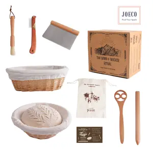 Wooden Artisan Sourdough Kit | Rustic Baking Essentials with Handwoven Wicker Proofing Baskets, Old Scottish Wooden Spurtle, Dough Whisk, Flour Duster, Bench Scraper, Bread Lame,Tool Pouch | Handcrafted Bread Baking Tools for Sourdough Aesthetics lover