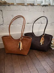 Vintage Woven Leather Tote Bag for Women, Large Capacity Shoulder & Crossbody Bag, Soft Casual Work Bag with Beaded Charm, Everyday Commuter Handbag